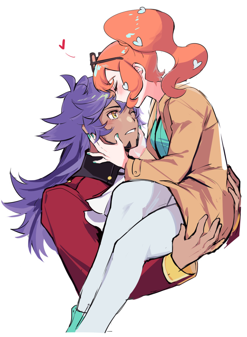 1boy, 1girl, blush, carrying, closed_eyes, couple, dark_skin, dark_skinned_male, eyewear_on_head, facial_hair, forehead_kiss, hair_ornament, heart, heart_hair_ornament, hetero, highres, kiss, leon_(pokemon), long_hair, nail_polish, one_eye_closed, orange_hair, pokefan_cheng, pokemon, pokemon_(game), pokemon_swsh, purple_hair, side_ponytail, sonia_(pokemon), sunglasses, trench_coat, yellow_eyes