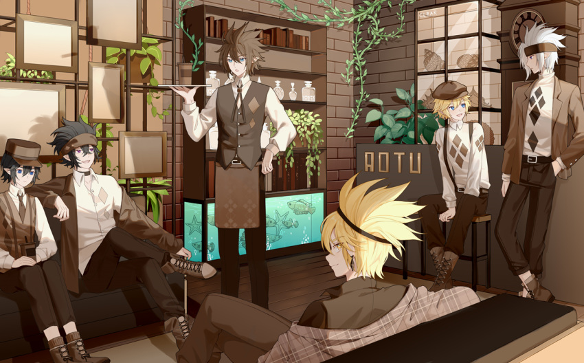 6+boys, animal, aotu_world, belt, black_hair, blonde_hair, blue_eyes, blush