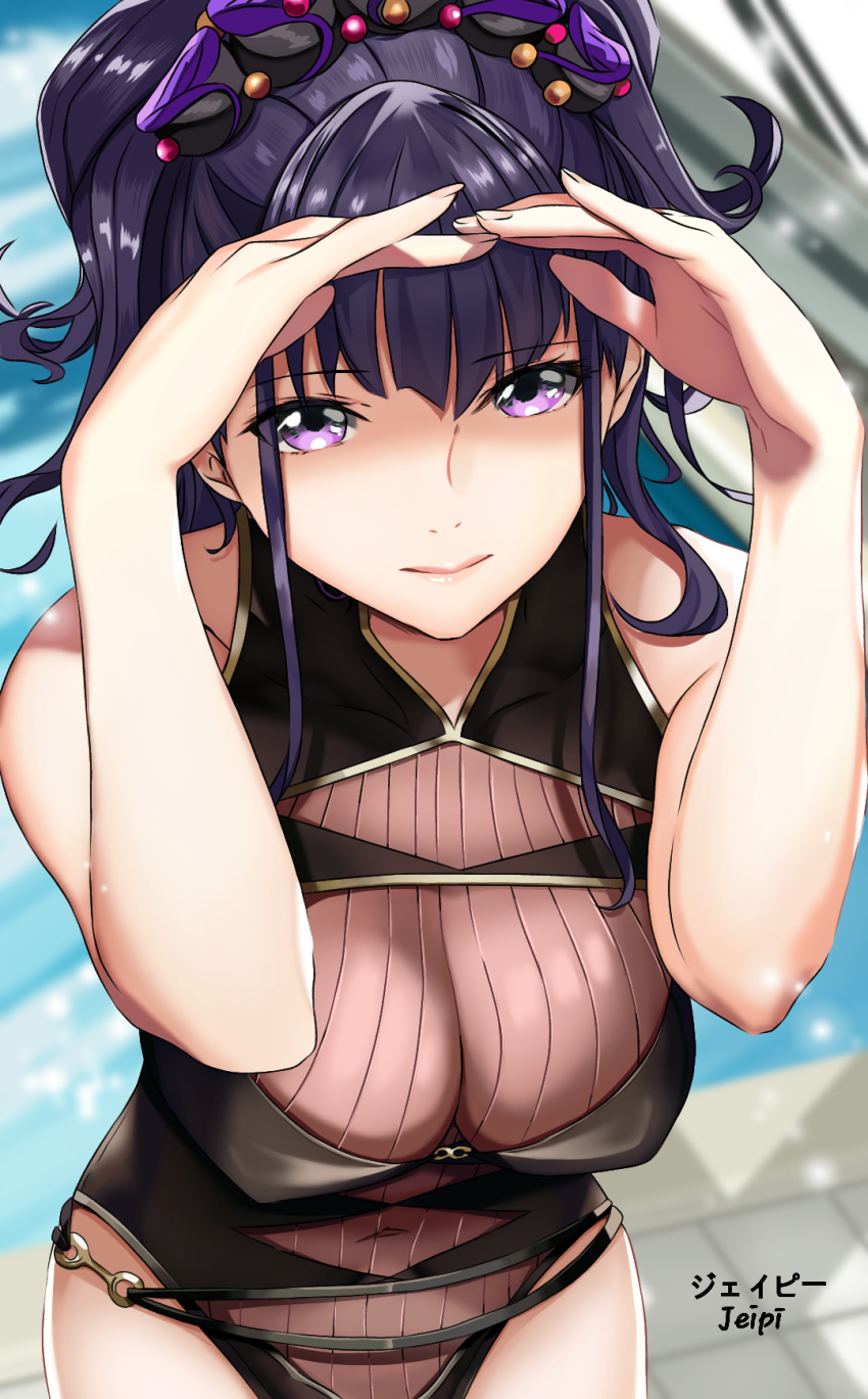 1girl, arm_up, black_swimsuit, breasts, covered_navel, fate/grand_order, fate_(series), flower