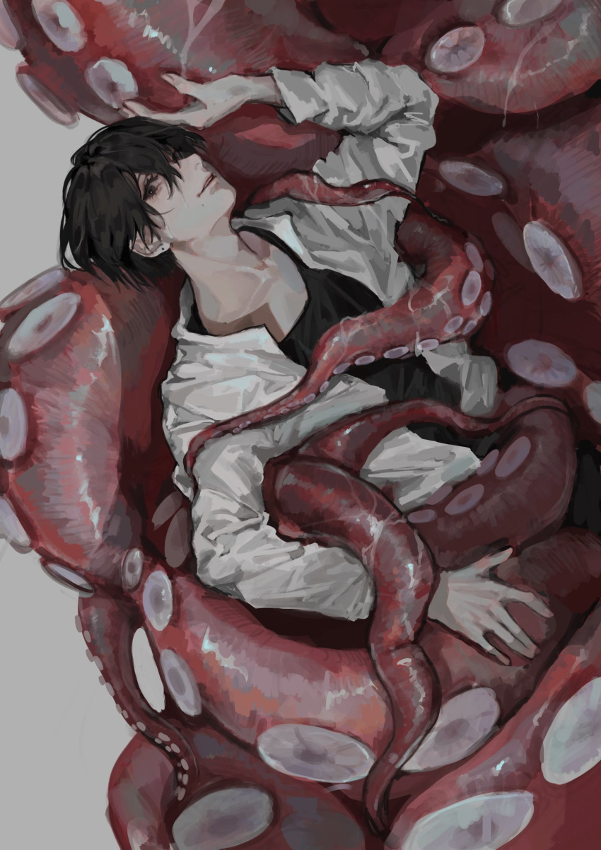 1boy, black_eyes, black_hair, black_shirt, deadprinceee, earrings, fingernails, grey_background