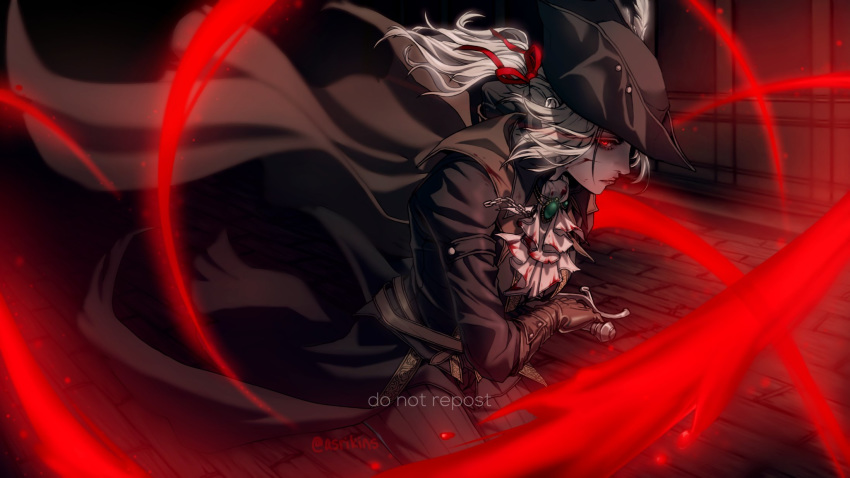 1girl, asrikins, black_coat, black_headwear, blood, blood_on_face, bloodborne, bloody_clothes