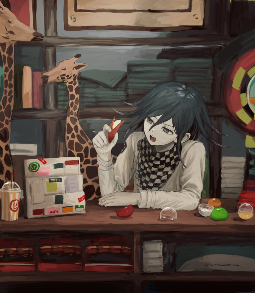 1boy, ako_(td110349-7517), black_hair, bookshelf, capsule, chair, checkered, checkered_scarf