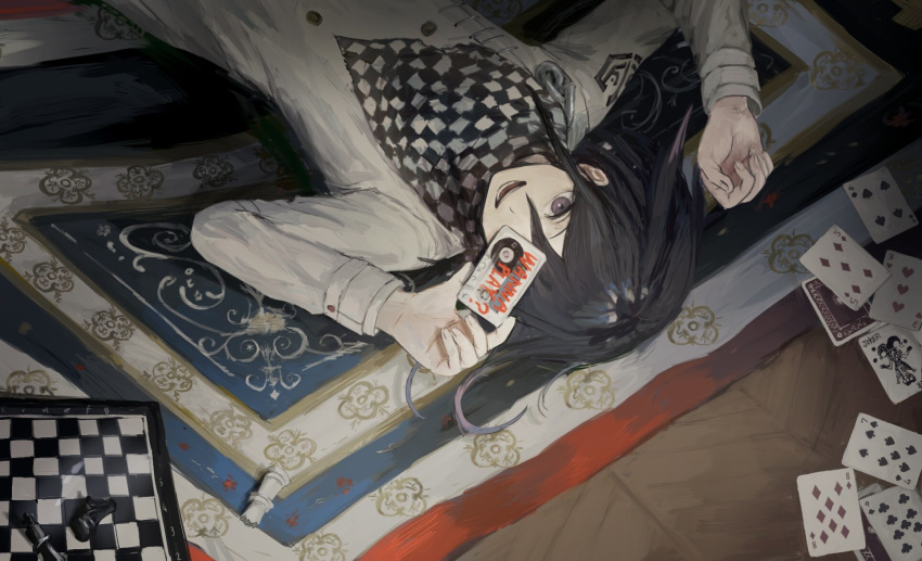 1boy, ako_(td110349-7517), bangs, black_hair, card, carpet, cassette_tape, checkered