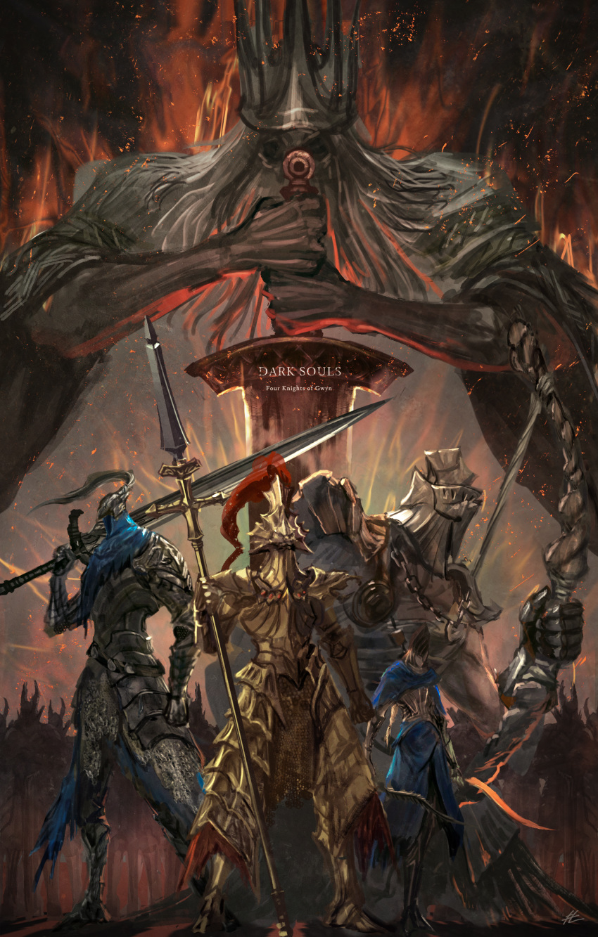 1girl, 4boys, 6+others, armor, artorias_the_abysswalker, beard, blonde_hair, blue_capelet