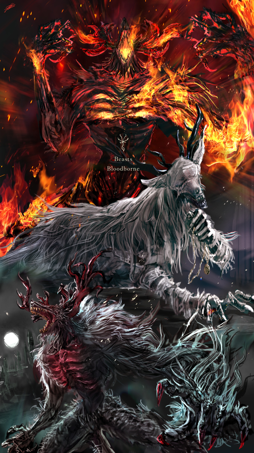 antlers, blindfold, blood, bloodborne, burning, claws, cleric_beast, commentary_request