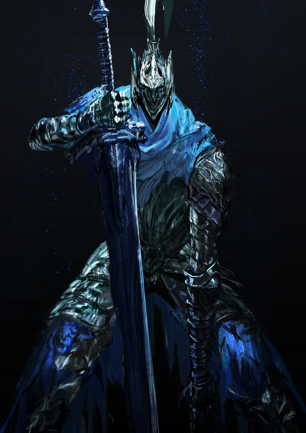 1boy, armor, artorias_the_abysswalker, black_background, blue_capelet, breastplate, capelet, commentary_request, cowboy_shot, dark_souls, faceless, faceless_male, facing_viewer, faulds, full_armor, gauntlets, greatsword, greaves, helmet, highres, holding, holding_sword, holding_weapon, knight, light_particles, male_focus, mrpk, pauldrons, planted_sword, planted_weapon, plume, shoulder_armor, solo, souls_(from_software), standing, sword, waist_cape, weapon
