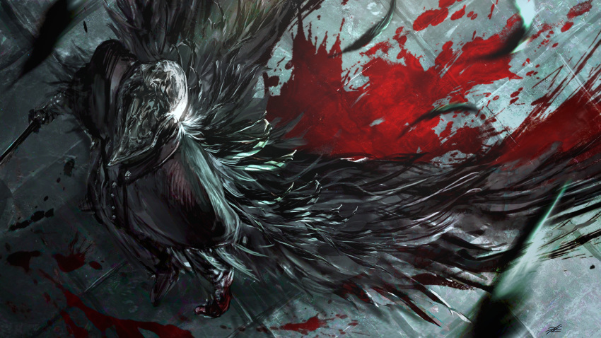 1boy, black_cloak, black_coat, black_feathers, blood, blood_splatter, bloodborne, bloody_clothes, bloody_crow_of_cainhurst, chikage_(bloodborne), cloak, coat, falling_feathers, feathers, from_above, full_body, gauntlets, highres, holding, holding_sword, holding_weapon, male_focus, mask, mrpk, silver_hair, solo, standing, sword, weapon
