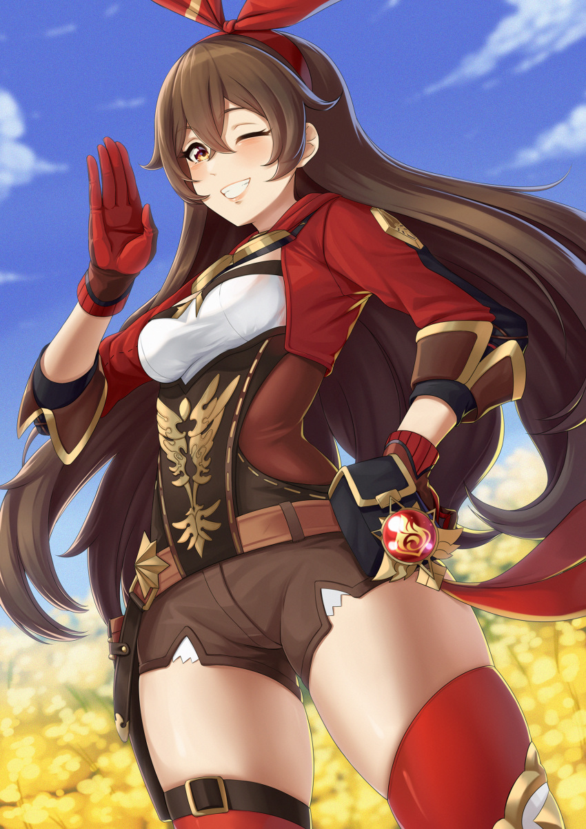 1girl, ;d, absurdres, amber_(genshin_impact), blush, breasts, brown_eyes, brown_hair