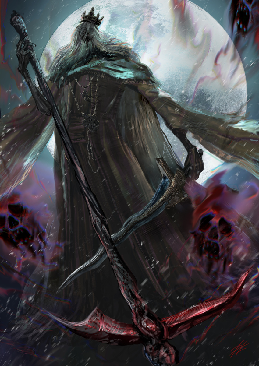 1boy, beard, black_robe, bloodborne, cloak, crown, dual_wielding, facial_hair