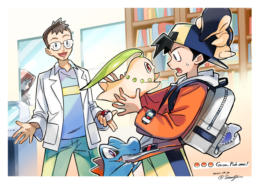 3boys, backpack, backwards_hat, bag, bangs, baseball_cap, black_hair, bookshelf