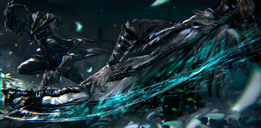 2boys, battle, black_coat, black_headwear, black_pants, bloodborne, blurry_foreground, coat