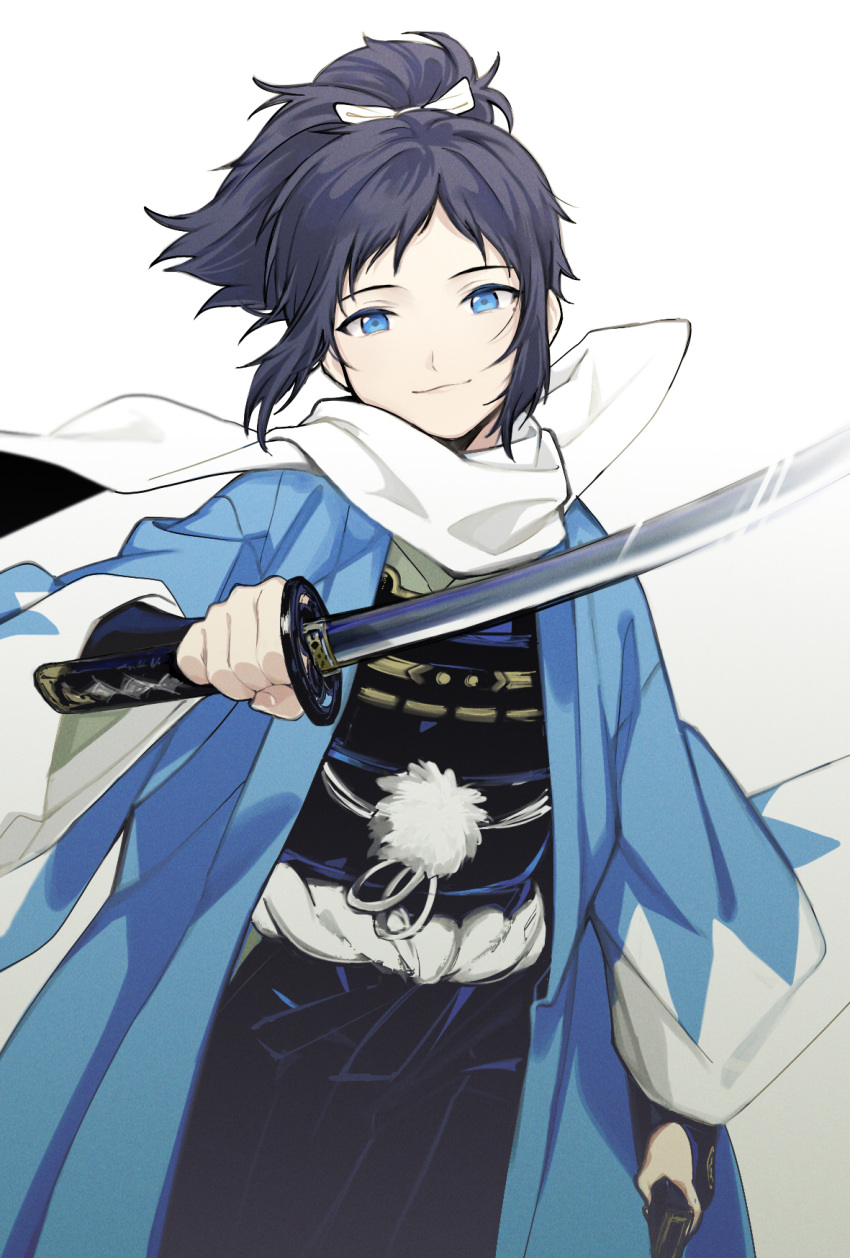 1boy, black_hair, blue_eyes, bow, hair_bow, hakama, haori, highres, ieiieiiei, japanese_clothes, katana, male_focus, mole, mole_under_eye, ponytail, scarf, sheath, shinsengumi, smile, sword, touken_ranbu, weapon, white_scarf, yamato-no-kami_yasusada