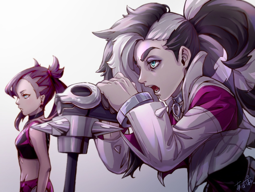 1boy, 1girl, aoppoi., aqua_eyes, bare_arms, belt, black_choker, black_hair