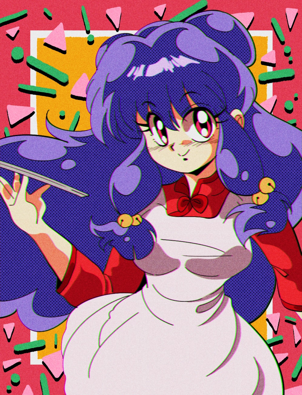 1990s_(style), 1girl, apron, chromatic_aberration, double_bun, film_grain, highres, holding