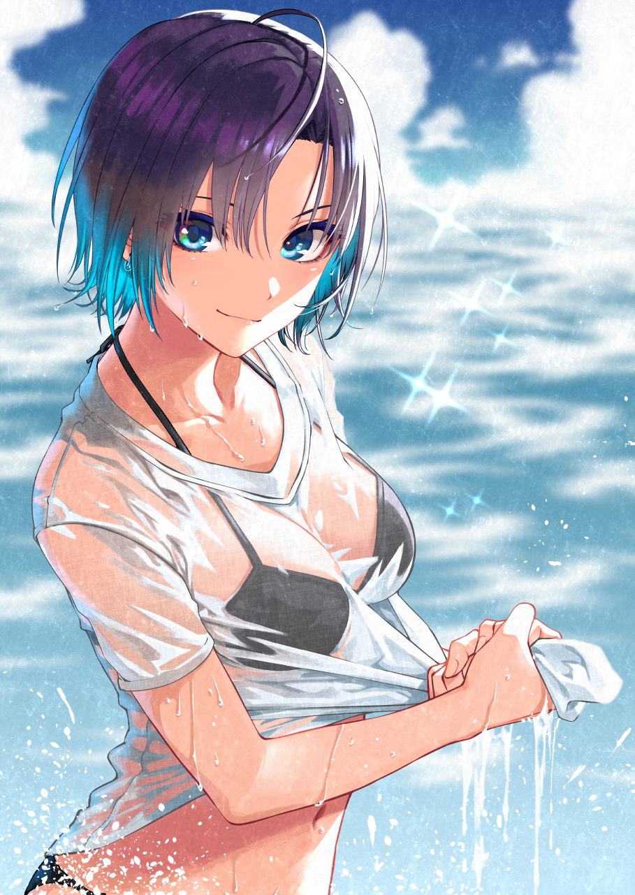 1girl, ahoge, aisu_reizou, aqua_hair, asakura_tooru, bangs, bikini, bikini_under_clothes