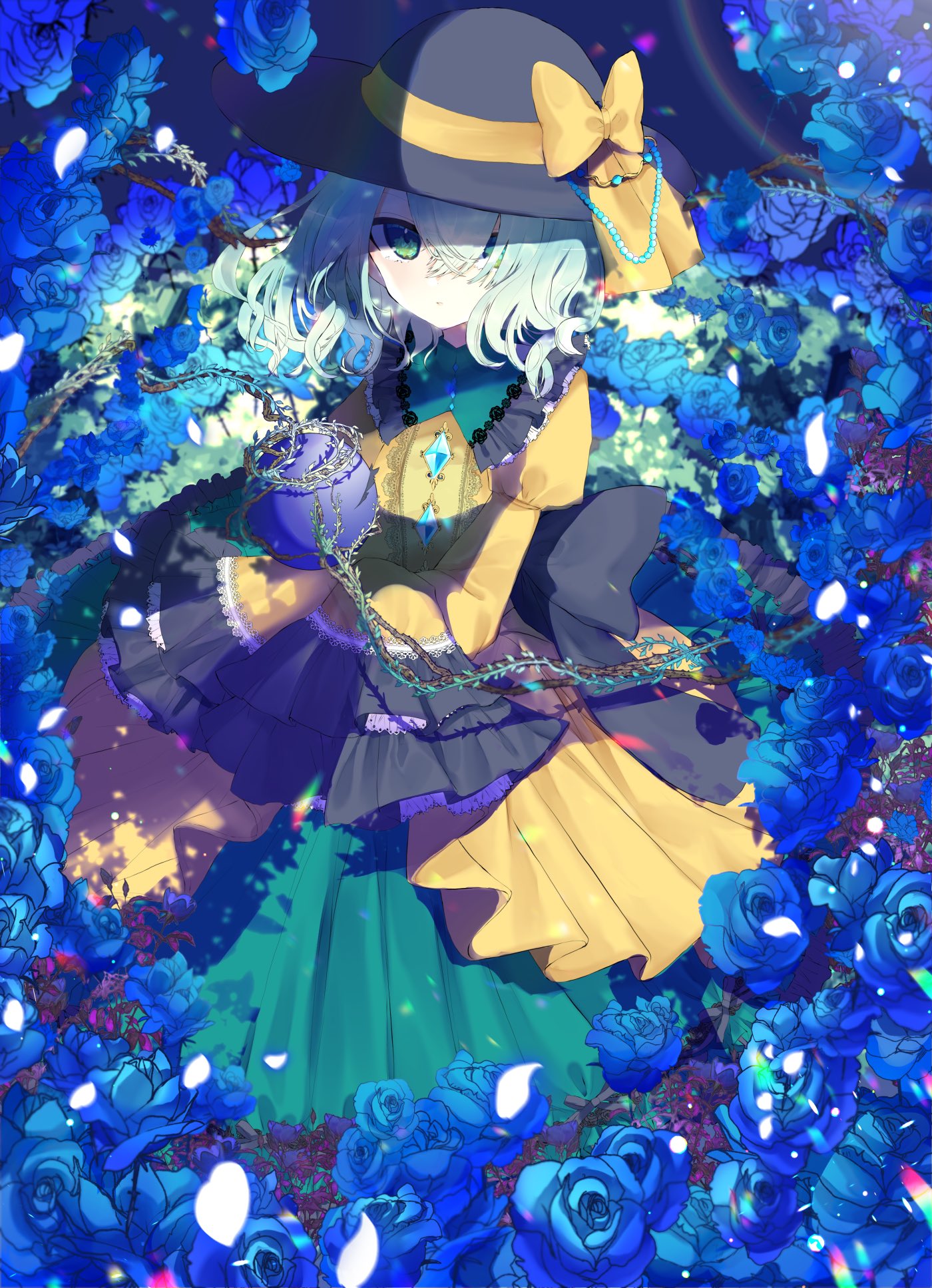 1girl, adapted_costume, black_bow, blue_flower, blue_rose, bow, breasts, dress, expressionless, eyeball, flower, frilled_sleeves, frills, full_body, green_eyes, green_hair, hat, hat_bow, hat_ribbon, heart, heart_of_string, highres, juliet_sleeves, komeiji_koishi, lace-trimmed_dress, lace-trimmed_sleeves, lace_trim, layered_dress, long_sleeves, looking_at_viewer, medium_breasts, petals, plant, puffy_sleeves, ribbon, rose, rose_petals, sash, sleeves_past_wrists, solo, third_eye, thorns, touhou, tsukikusa, vines, wavy_hair, wide_sleeves, yellow_ribbon
