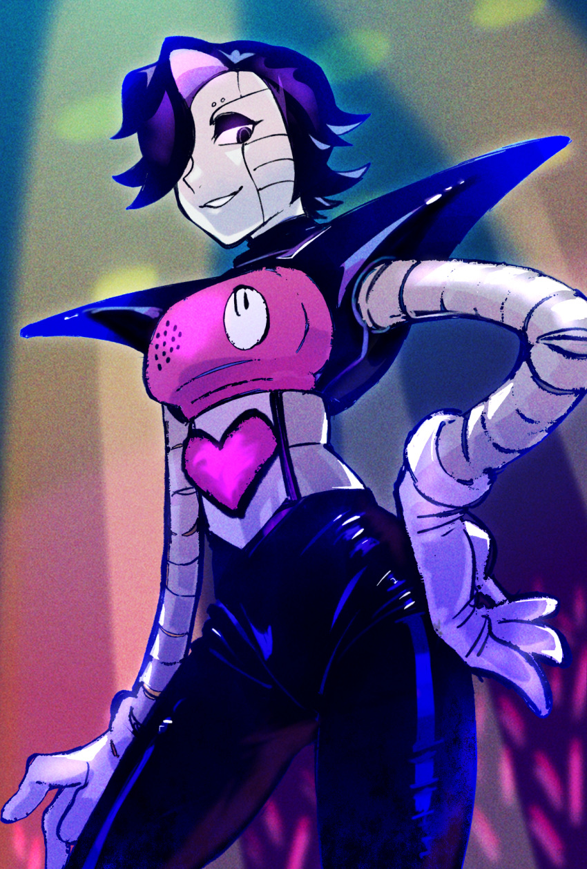 1other, android, black_hair, black_pants, hair_over_one_eye, hand_on_hip, heart, highres