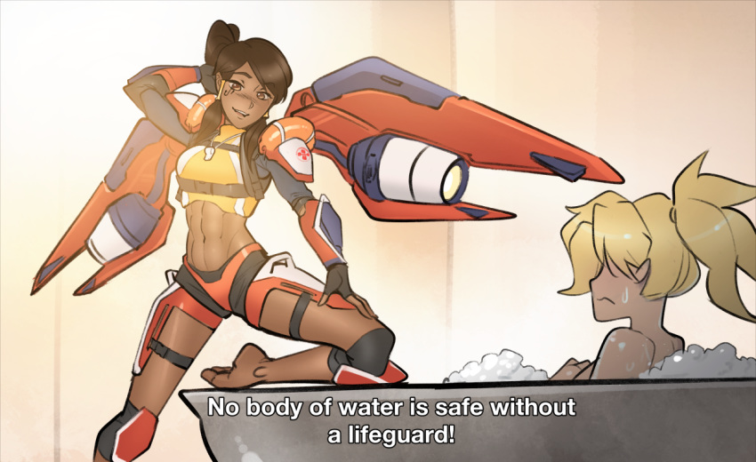 2girls, abs, alternate_costume, arm_behind_head, armor, barefoot, bathing, bathtub