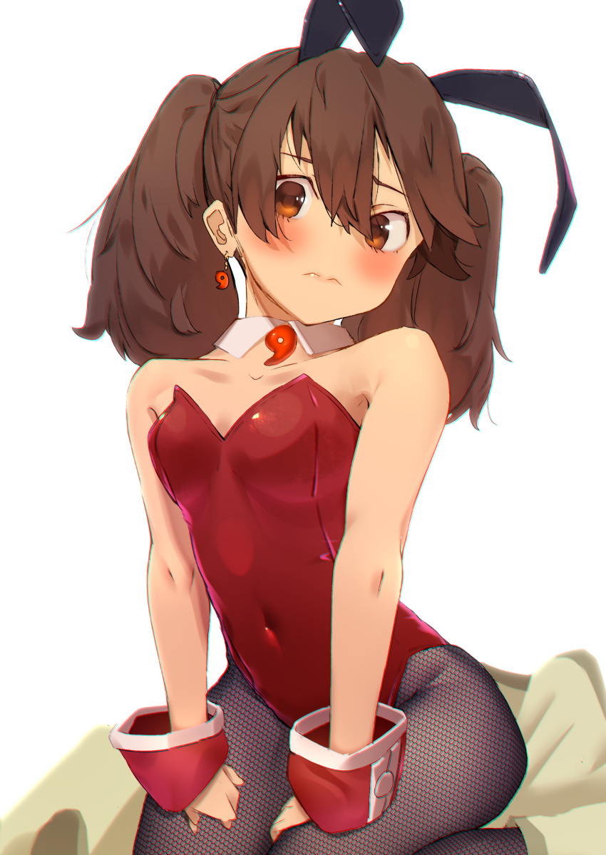 1girl, absurdres, animal_ears, black_legwear, breasts, brown_eyes, brown_hair, covered_navel, detached_collar, fake_animal_ears, fishnet_legwear, fishnets, highres, kantai_collection, leotard, long_hair, looking_at_viewer, magatama, nanao_(aoyamahikari), pantyhose, playboy_bunny, rabbit_ears, red_leotard, ryuujou_(kantai_collection), small_breasts, solo, strapless, strapless_leotard, twintails, wrist_cuffs