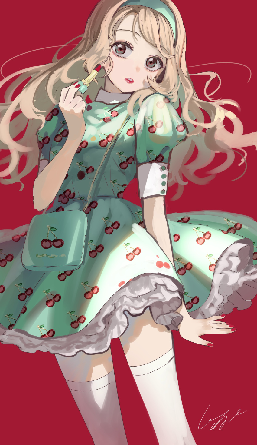 absurdres, applying_makeup, bag, bangs, blonde_hair, cherry, dress, fingernails