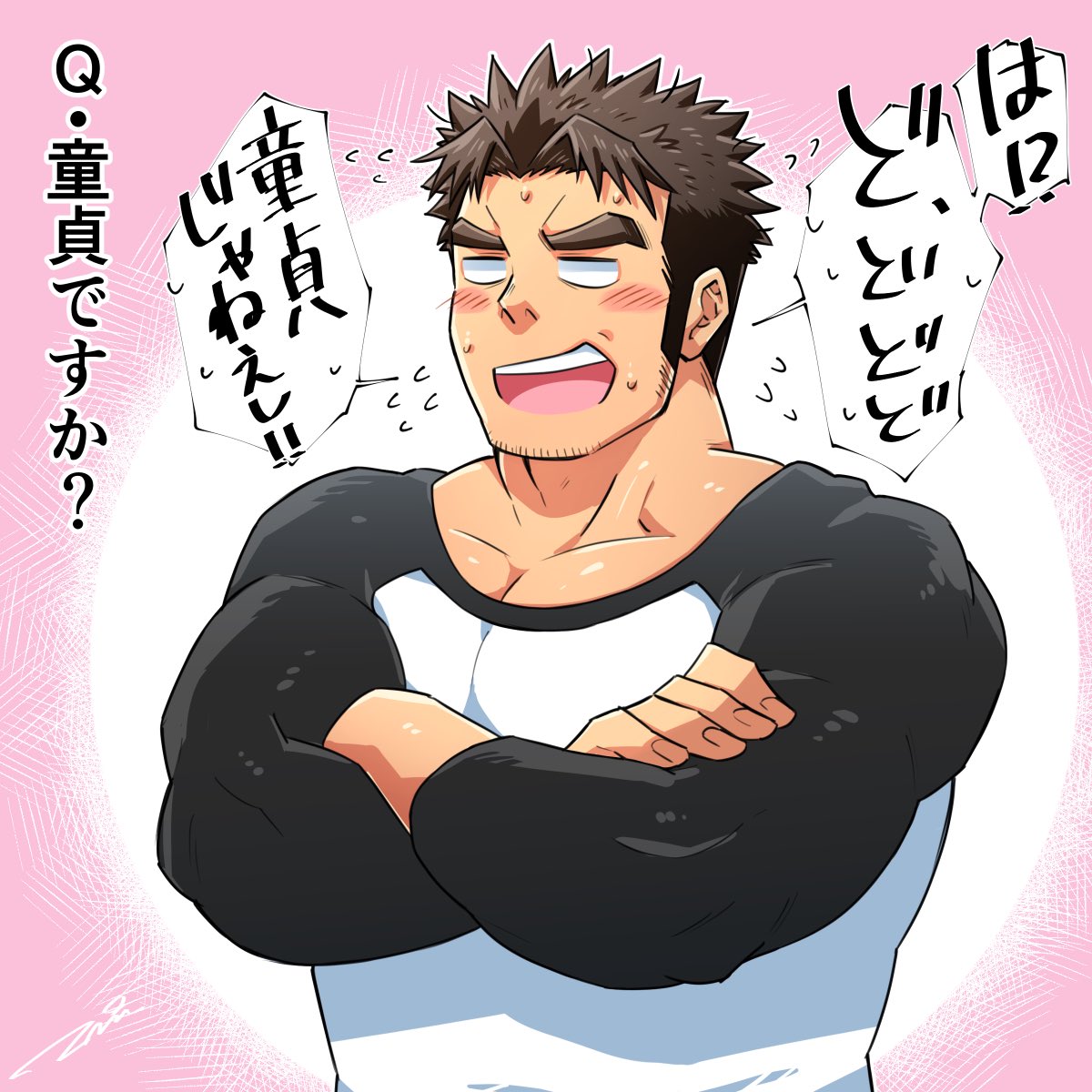 1boy, bara, bare_chest, blank_eyes, blush, brown_hair, chest, crossed_arms