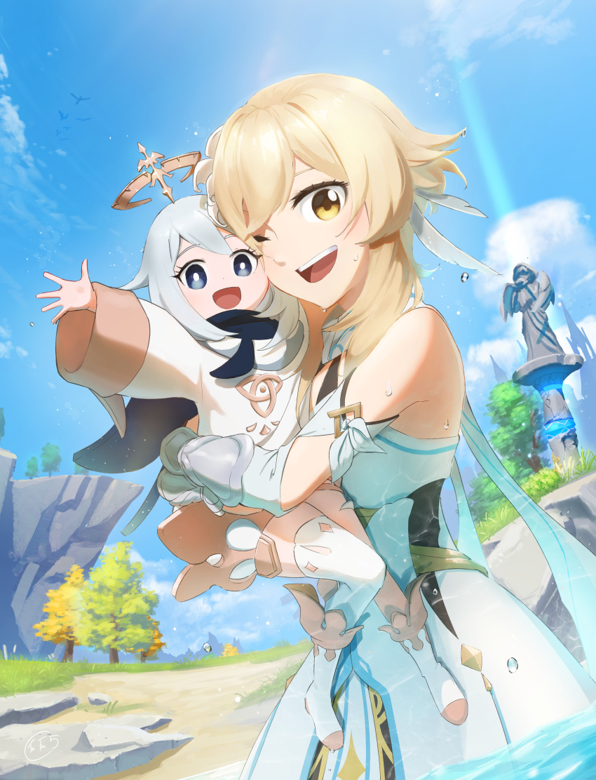 2girls, absurdres, bare_shoulders, blonde_hair, blue_sky, carrying, clouds, day, dress, female_traveler_(genshin_impact), genshin_impact, grass, highres, hug, huge_filesize, long_sleeves, multiple_girls, one_eye_closed, open_mouth, outdoors, paimon_(genshin_impact), sky, sleeveless, sleeveless_dress, smile, statue, thigh-highs, thinny062541, tree, vambraces, wet, white_dress, white_hair, wide_sleeves, yellow_eyes