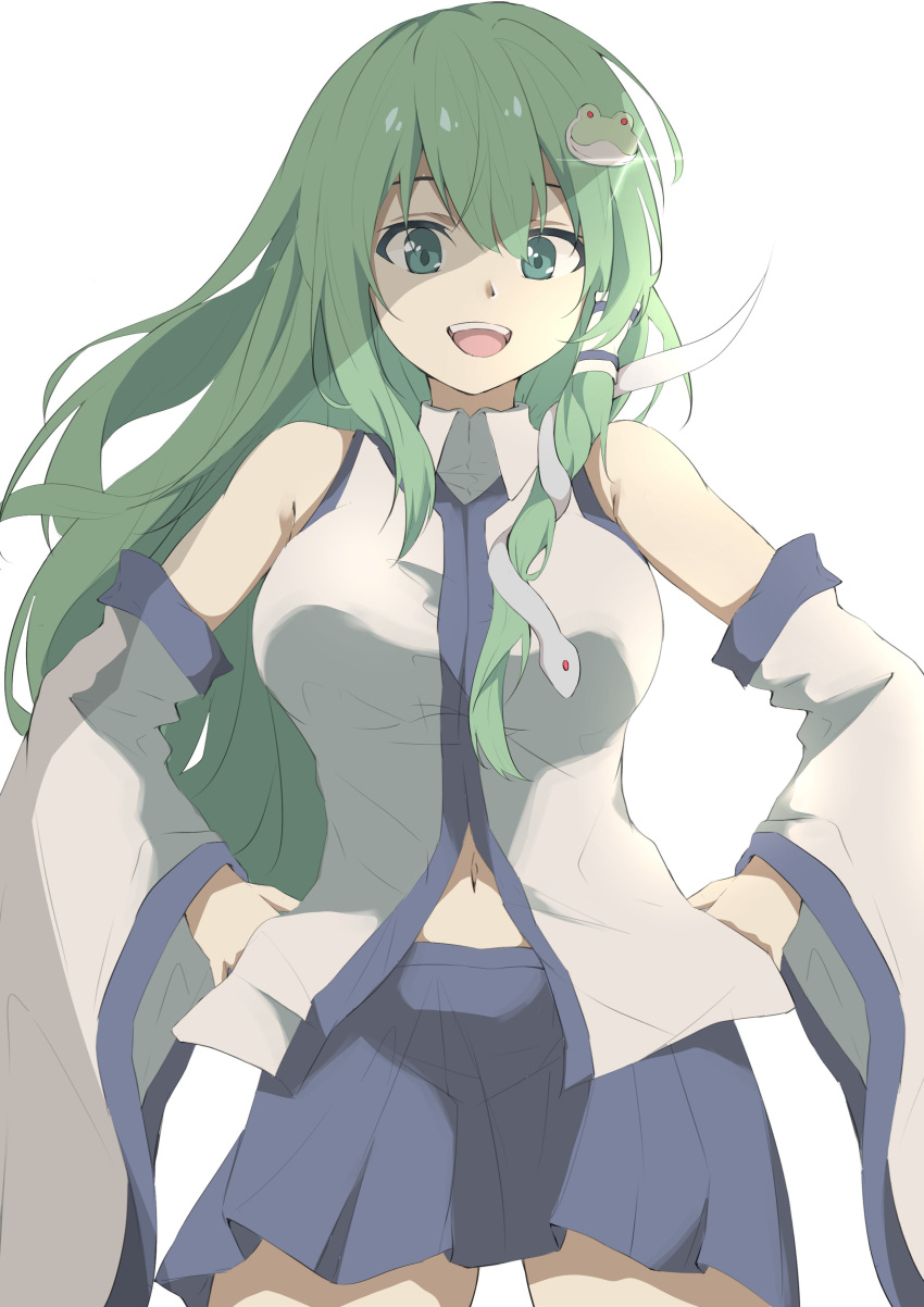 1girl, :d, absurdres, armpit_crease, bangs, bare_shoulders, blue_skirt, breasts