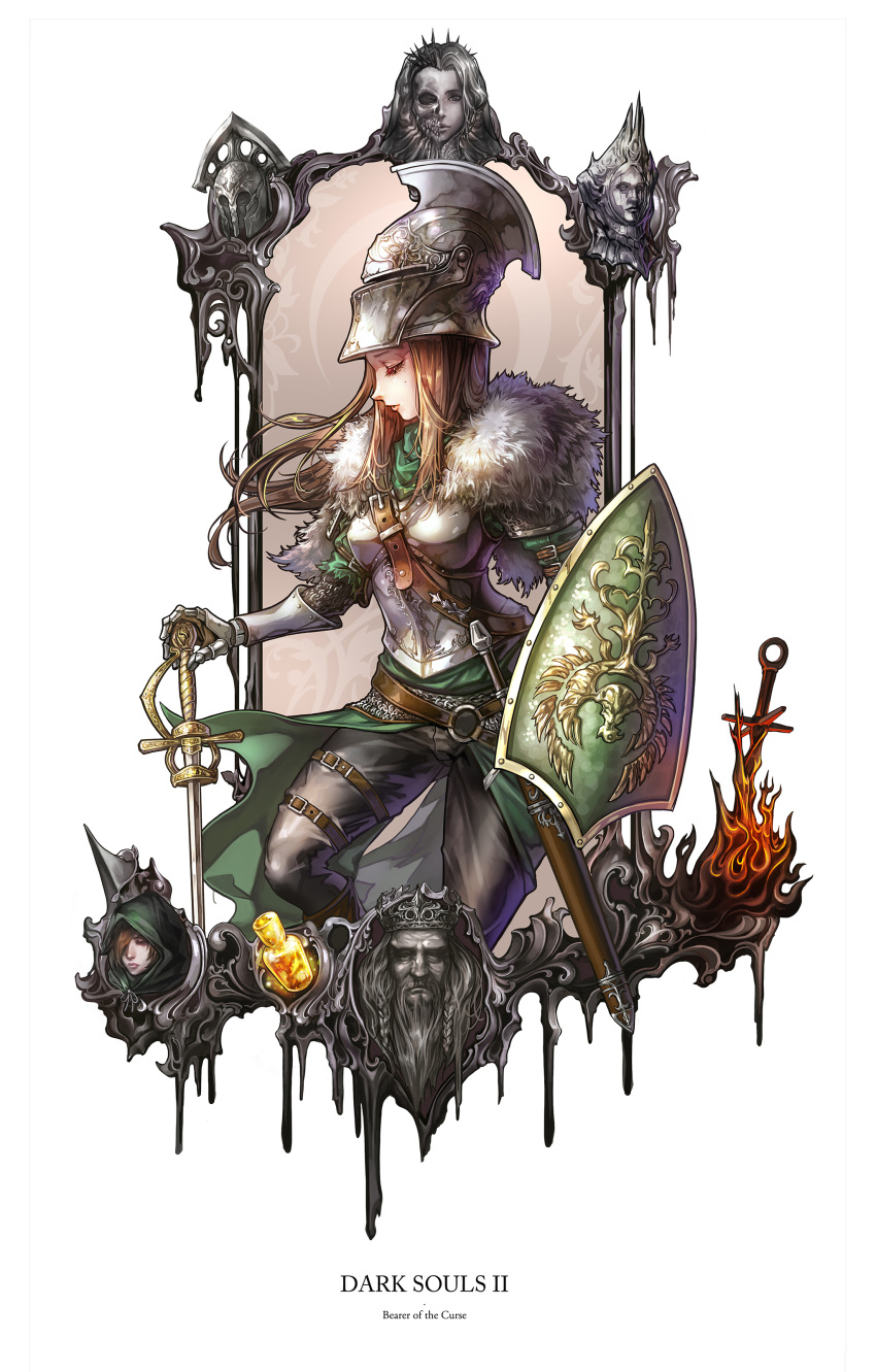 1boy, 2girls, absurdres, armor, bangs, beard, bearer_of_the_curse, belt