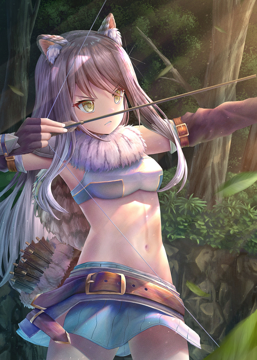 1girl, aiming, animal_ear_fluff, animal_ears, armor, armpits, arrow_(projectile), bandeau