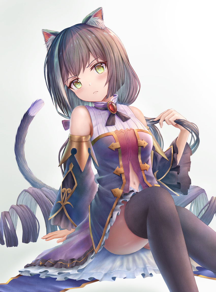 1girl, animal_ear_fluff, animal_ears, arm_support, ass, bangs, bare_shoulders, black_hair, black_legwear, blue_sleeves, blush, breasts, brooch, cat_ears, cat_tail, clothing_cutout, commentary_request, detached_sleeves, dress, drill_hair, eyebrows_visible_through_hair, frilled_dress, frilled_sleeves, frills, frown, green_eyes, highres, holding, holding_hair, jewelry, karyl_(princess_connect!), long_hair, looking_at_viewer, low_twintails, medium_breasts, multicolored_hair, navel, navel_cutout, neck_ribbon, princess_connect!, princess_connect!_re:dive, purple_neckwear, ribbon, sidelocks, simple_background, sitting, sleeveless, sleeveless_dress, solo, streaked_hair, tail, tamikko, thigh-highs, twin_drills, twintails, very_long_hair, white_background, white_hair, zettai_ryouiki