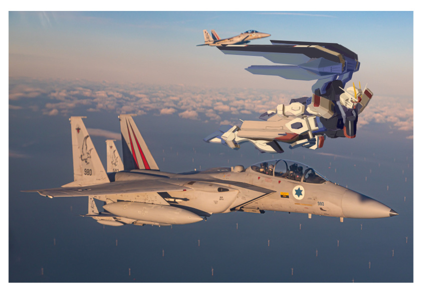 2boys, absurdres, aircraft, airplane, chinese_commentary, fighter_jet, flying, freedom_gundam, green_eyes, gundam, gundam_seed, highres, jet, looking_to_the_side, mecha, mechanical_wings, military, military_vehicle, multiple_boys, open_hands, photo_background, v-fin, vehicle_focus, vehicle_request, wings, ztb0000