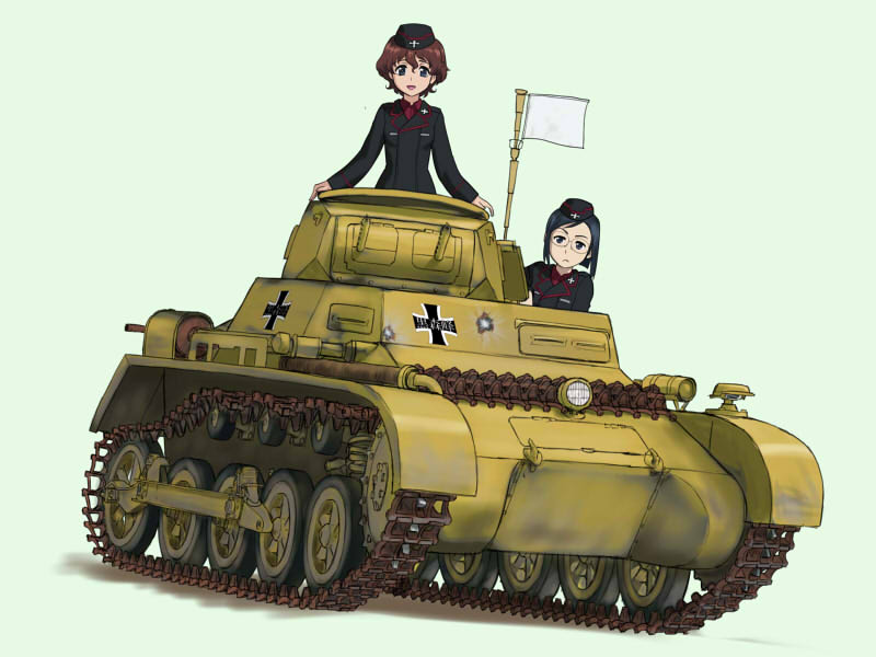 2girls, akaboshi_koume, black_eyes, black_hair, blue_eyes, brown_hair, caterpillar_tracks, commentary_request