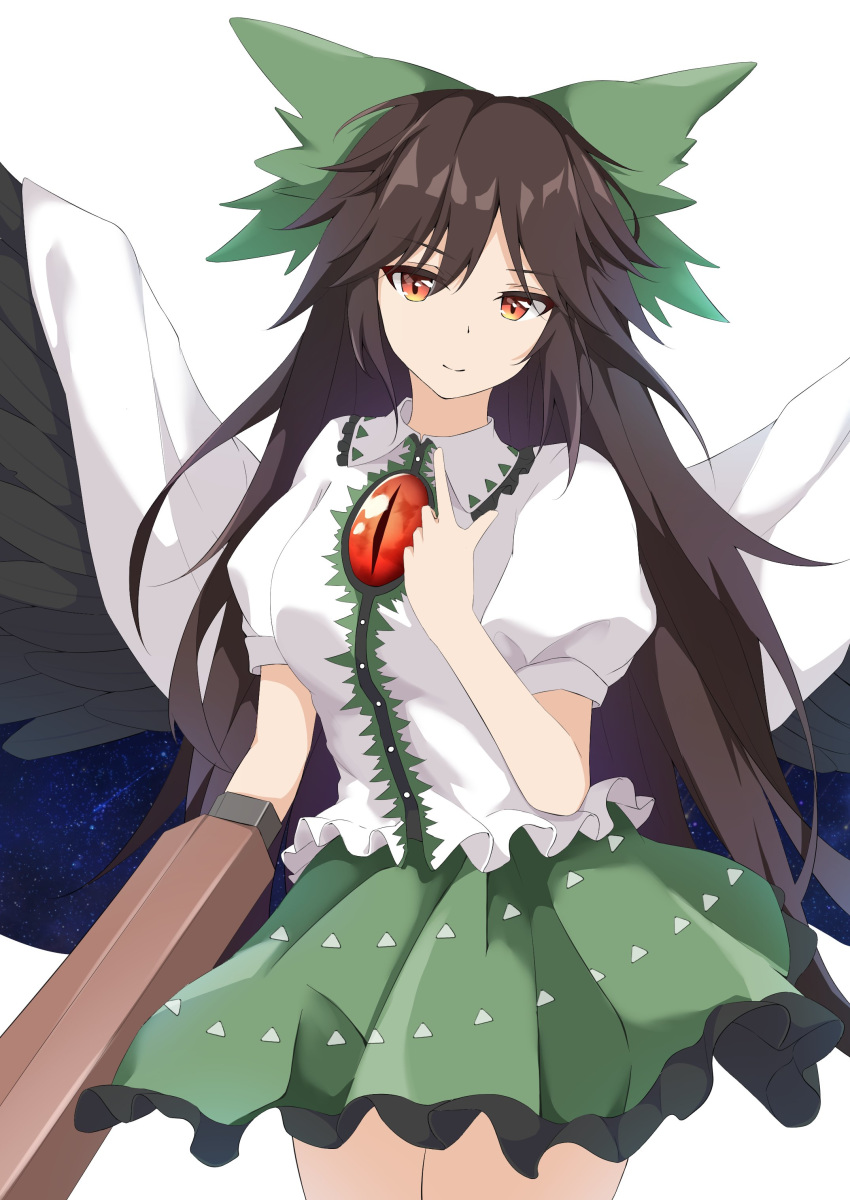 1girl, absurdres, arm_cannon, bird_wings, black_hair, black_wings, bow, cape