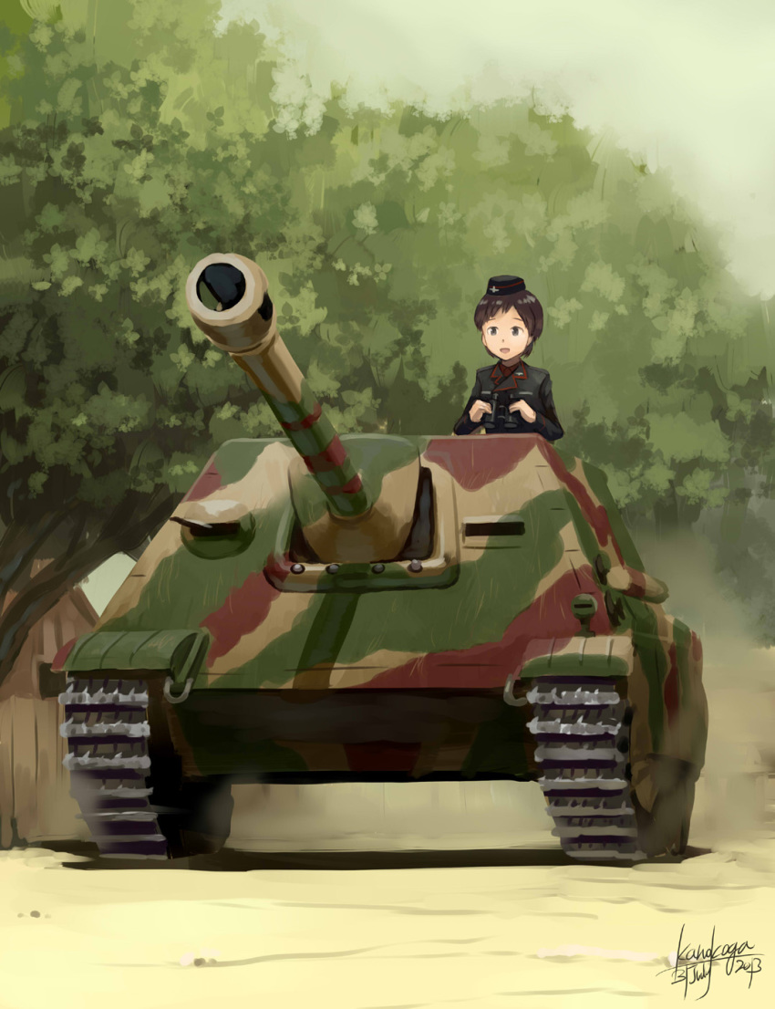 1girl, binoculars, brown_eyes, brown_hair, caterpillar_tracks, dust, garrison_cap, girls_und_panzer