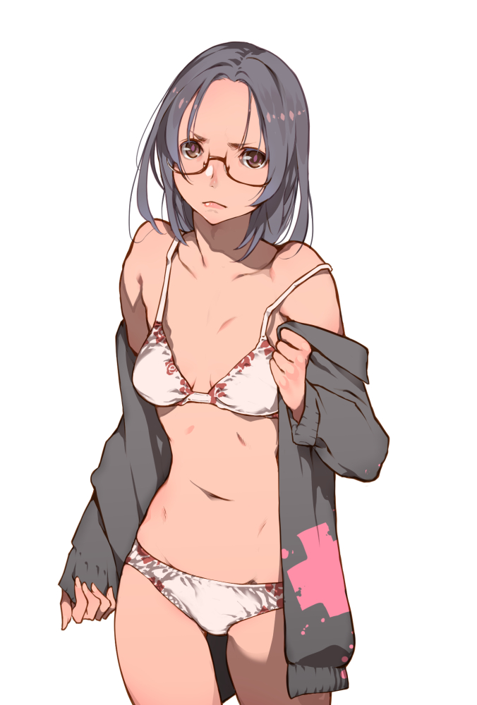 1girl, bra, closed_mouth, commentary_request, cowboy_shot, frown, glasses, gleipnir_(series), grey_eyes, grey_hair, grey_jacket, jacket, long_sleeves, looking_at_viewer, medium_hair, off_shoulder, open_clothes, open_jacket, panties, pink_bra, pink_panties, semi-rimless_eyewear, simple_background, solo, standing, strap_slip, takeda_sun, under-rim_eyewear, underwear, white_background