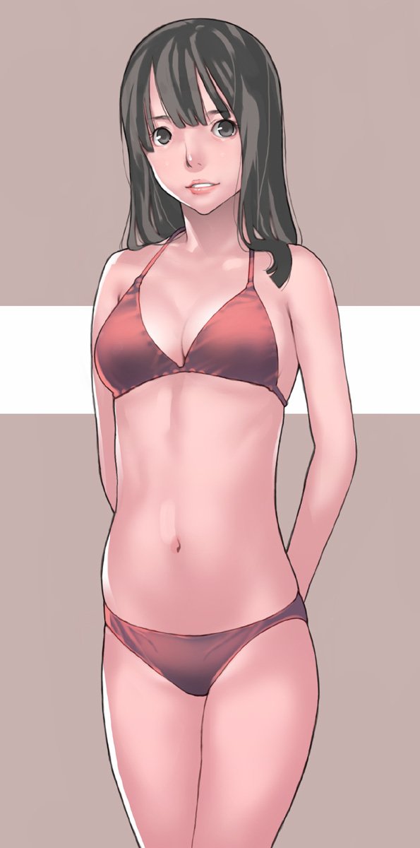 1girl, arms_behind_back, bangs, bikini, black_eyes, black_hair, breasts, brown_background