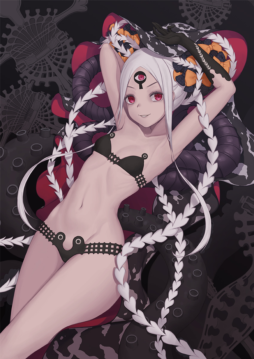 1girl, abigail_williams_(fate/grand_order), abigail_williams_(swimsuit_foreigner)_(fate), armpits, arms_behind_head, arms_up, baeg_mi, bangs