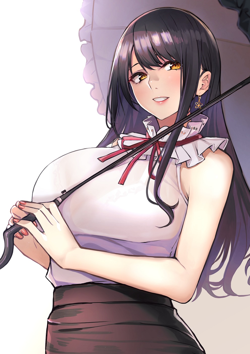 1girl, bangs, bare_shoulders, black_hair, blush, breasts, earrings, grin