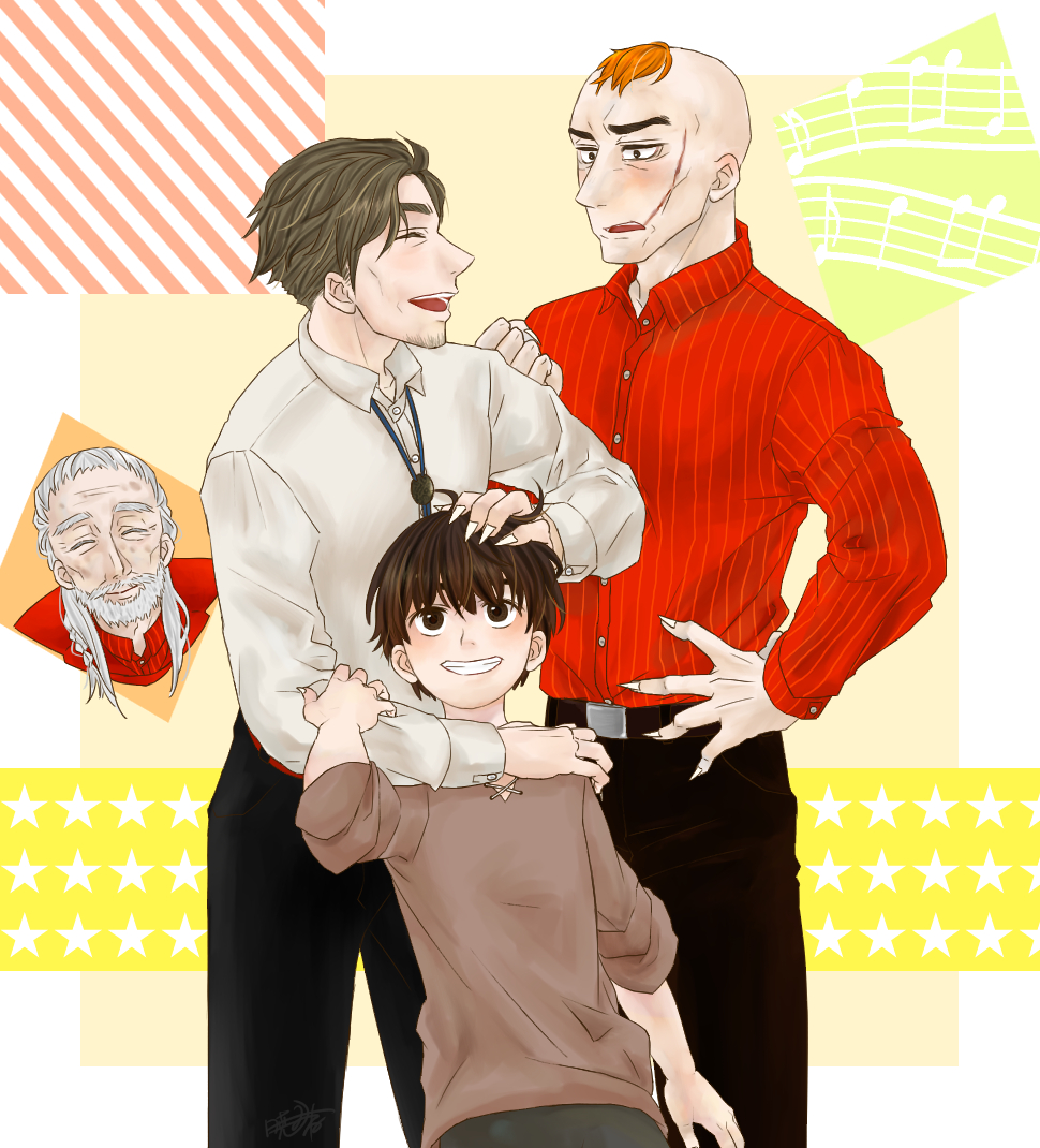 4boys, beard, black_hair, brown_hair, closed_eyes, commentary, facial_hair, facial_scar