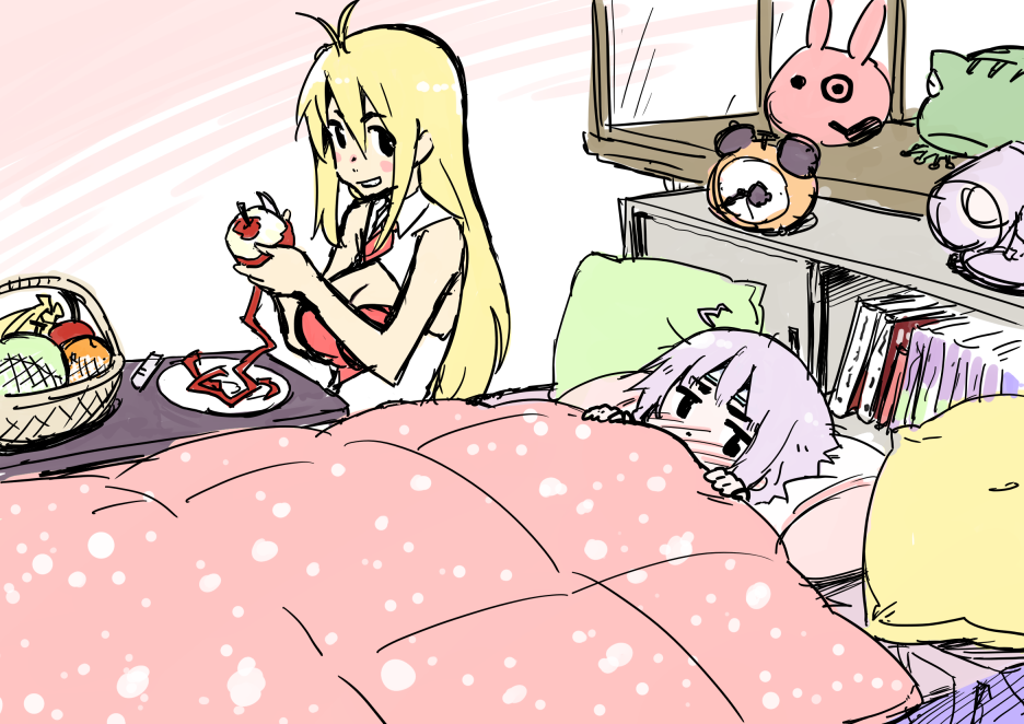 2girls, alarm_clock, antenna_hair, apple, banana, basket, blonde_hair, blush