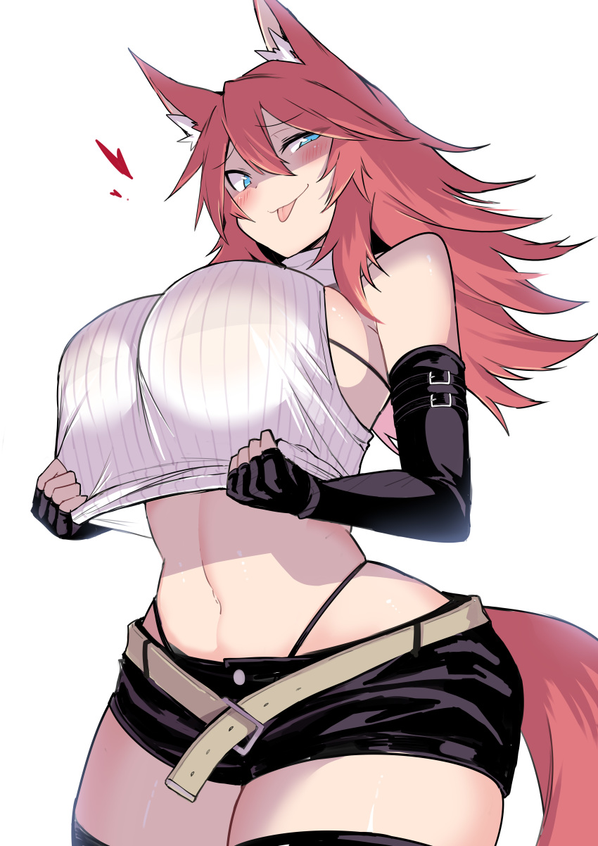 1girl, absurdres, animal_ears, belt, black_gloves, black_shorts, blue_eyes, blush