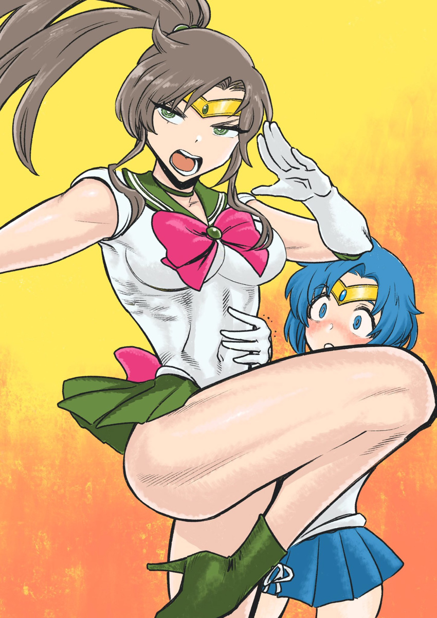 2girls, bishoujo_senshi_sailor_moon, blue_eyes, blue_hair, blue_skirt, blush, boots, breasts