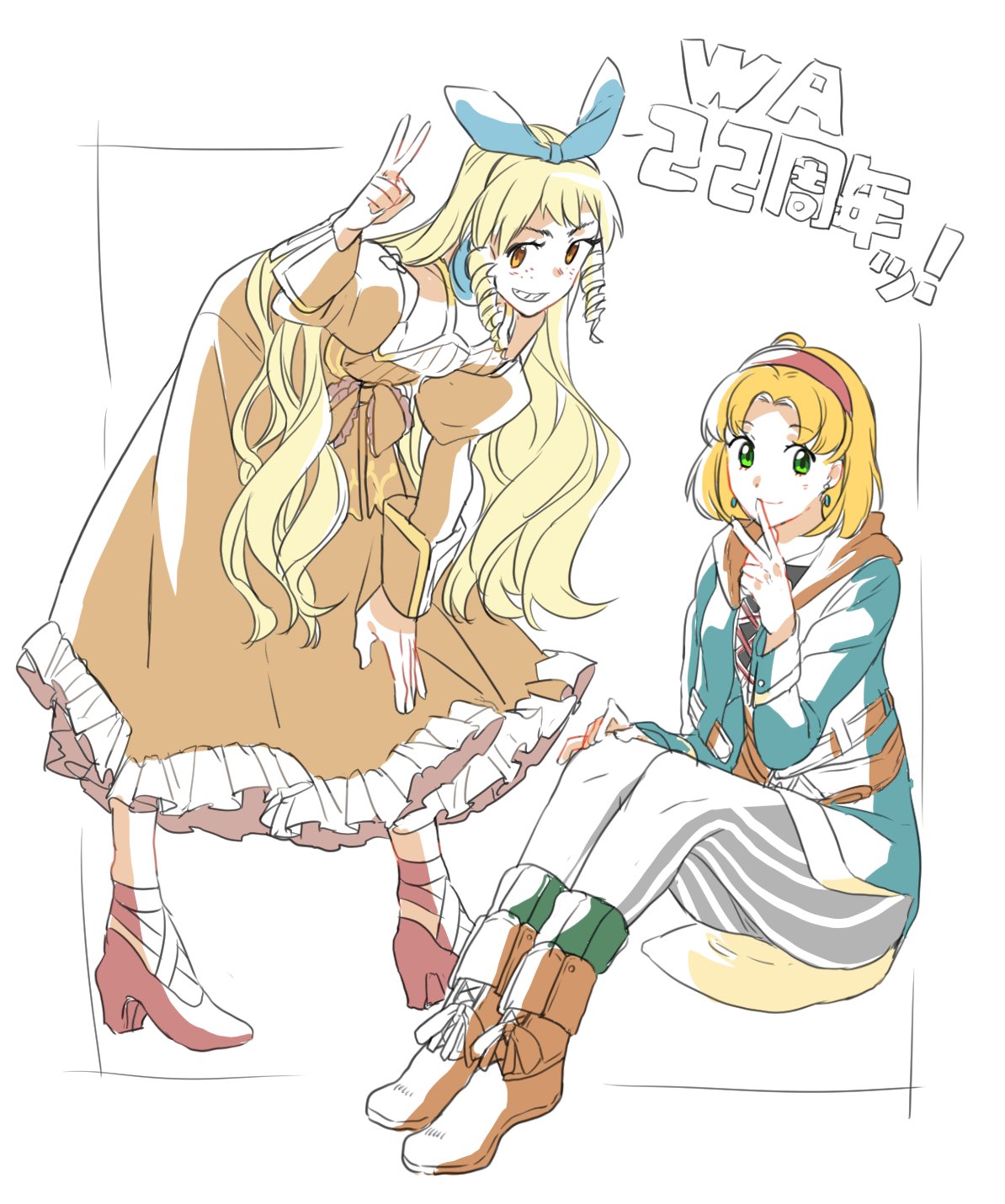 2girls, ahoge, belt, blonde_hair, blue_neckwear, breasts, brown_eyes, cecilia_lynne_adelhyde