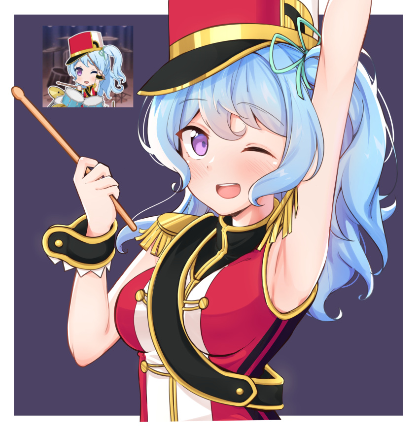1girl, ;d, absurdres, armpits, bang_dream!, bangs, between_breasts, blue_hair