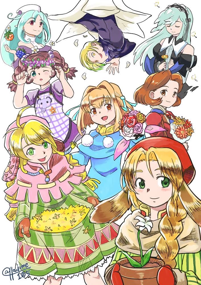 animal_ears, blonde_hair, braid, breasts, brown_hair, carol_anderson, character_request, closed_mouth, coat, dress, flower, food, gloves, green_eyes, hair_over_shoulder, hair_ribbon, hairband, hat, hazime-karbo, katrina_elesius, long_hair, looking_at_viewer, mariel_(wild_arms), mirabelle_graceland, multiple_girls, open_mouth, ribbon, short_hair, simple_background, skirt, smile, twintails, white_background, wild_arms, wild_arms_1, wild_arms_5, wild_arms_twilight_venom, wild_arms_xf