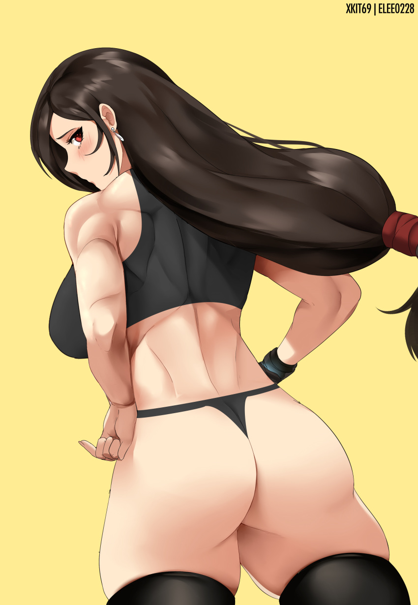 1girl, absurdres, ass, back, bangs, bare_shoulders, black_legwear, breasts