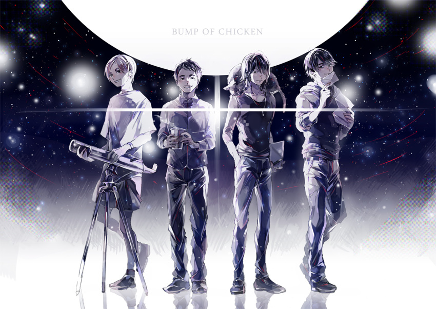 4boys, animal, animal_on_back, bangs, bump_of_chicken, cat, character_request, commentary_request, hair_over_one_eye, hand_in_pocket, holding, holding_letter, jewelry, letter, long_sleeves, looking_at_viewer, male_focus, multiple_boys, necklace, pants, parted_lips, pencil, reflection, shoes, short_hair, sleeves_past_elbows, smile, teeth, telescope, yuuichi_(bobobo)