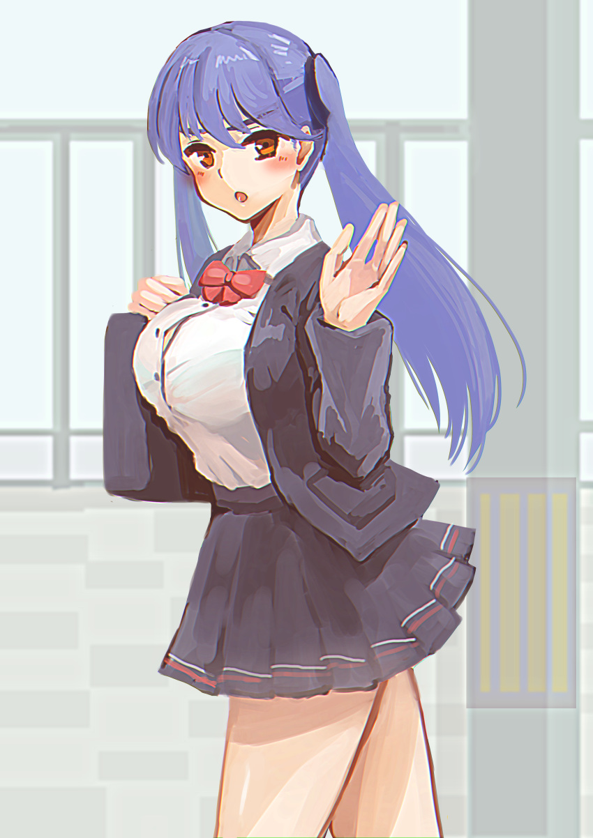 1girl, absurdres, alternate_costume, azur_lane, black_jacket, black_skirt, breasts, collared_shirt, episenpei, essex_(azur_lane), highres, jacket, large_breasts, looking_at_viewer, miniskirt, pleated_skirt, red_neckwear, ribbon, school_uniform, shirt, skirt, twintails, waving