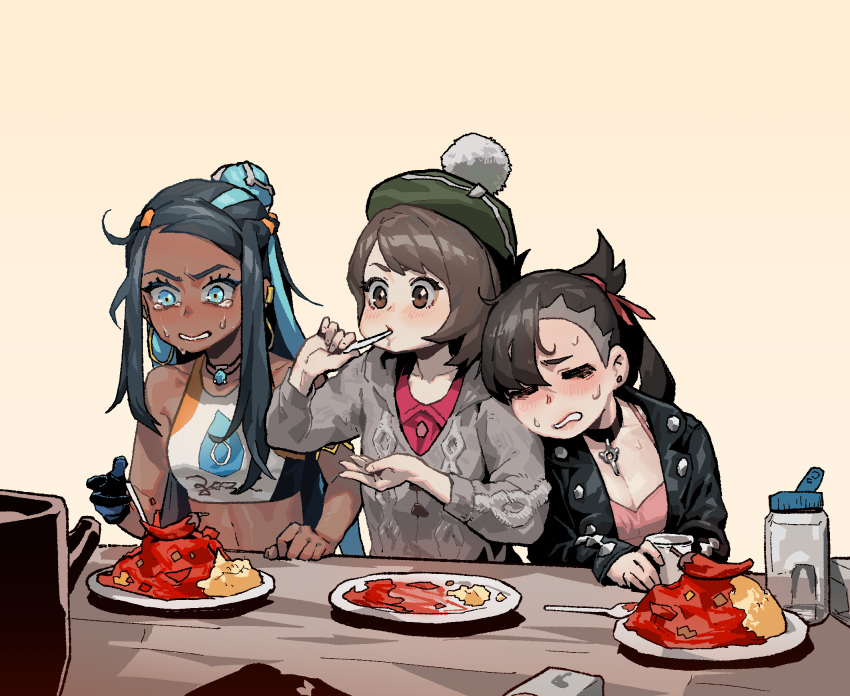 3girls, beige_background, black_hair, black_jacket, brown_hair, cardigan, chili_pepper, curry