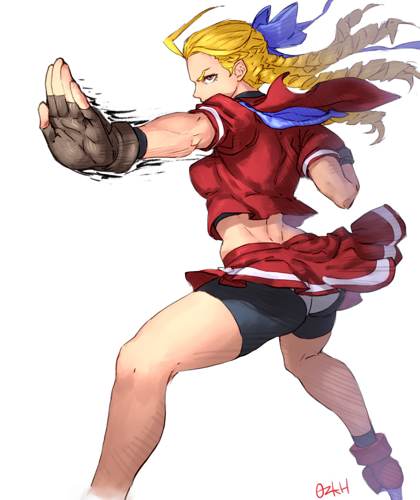 1girl, antenna_hair, ass, bike_shorts, black_sports_bra, blonde_hair, blue_ribbon, braid
